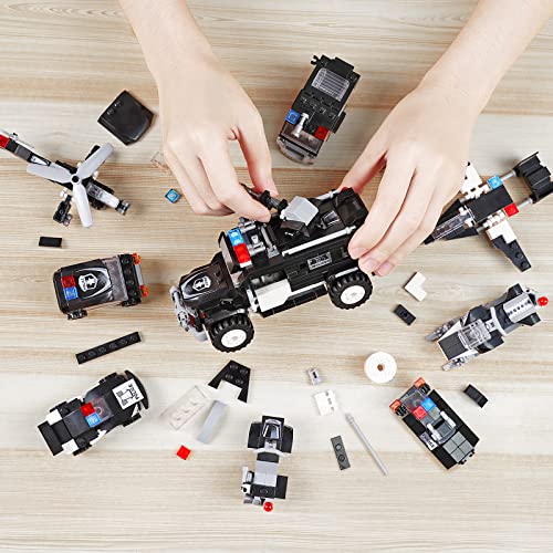 City Police Swat Building Block Set - 8 In 1 Black Armored Swat Vehicles With Cop Cars, Helicopter, Motorbike, Best Roleplay Stem Toy Best Gift For Boys Kids Age 6-12 #TOP4
