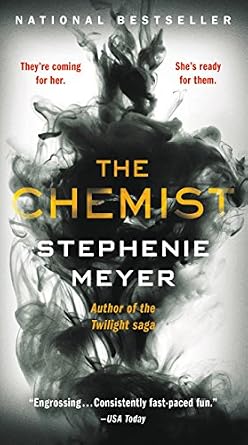 This book cover for The Chemist features a white background with black smoke swirling around on it.