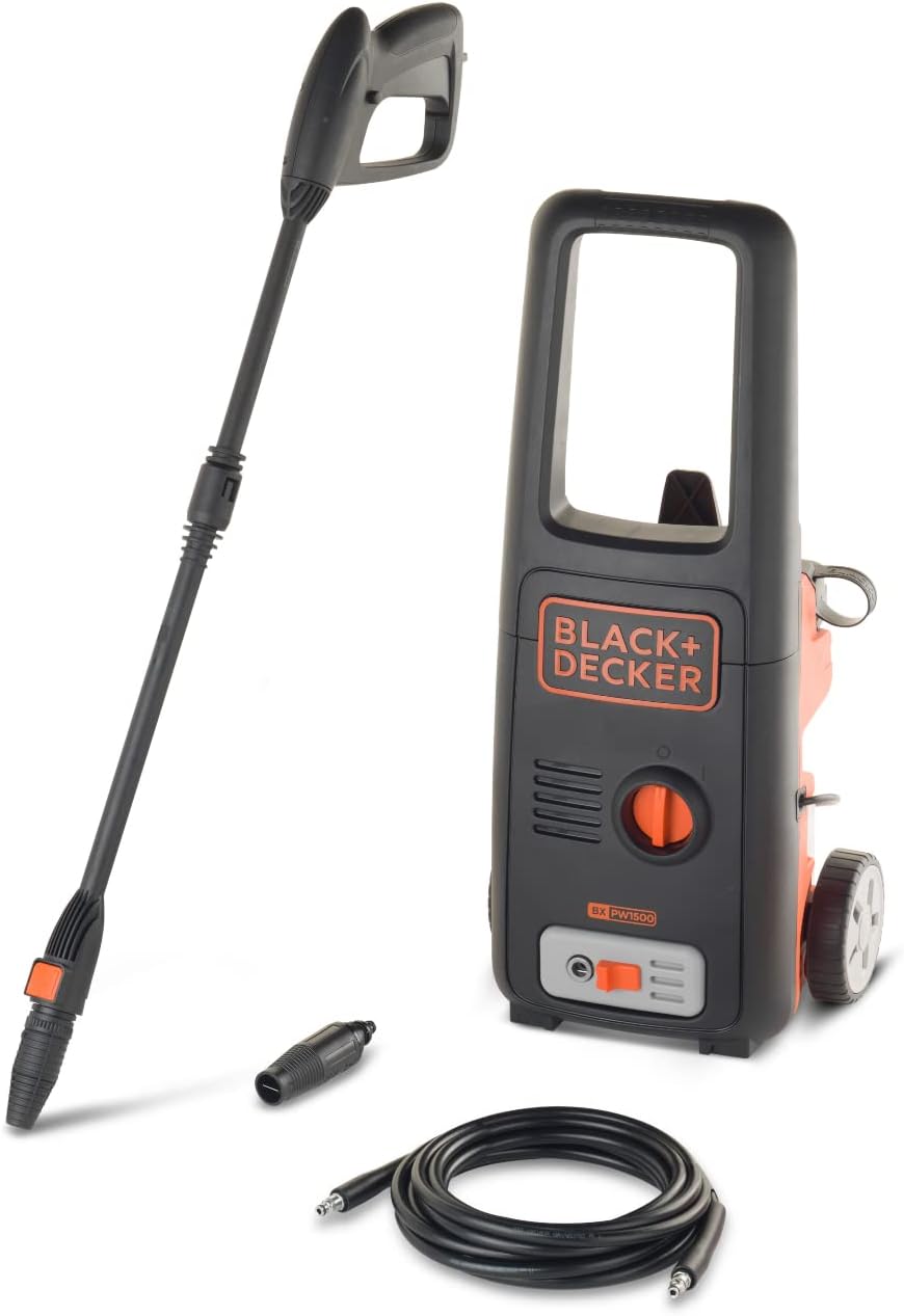 BLACK+DECKER BXPW1500E Pressure Washer, 120 Bar PSI, Rotary Nozzle, 0.4 L Foam Nozzle, Jet Nozzle, Extension Lance, 6 m Hose, 1500 W, Black & Orange