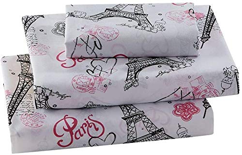 Home Collection Twin Size Comforter And Sheet Set Paris Eiffel Tower Hearts Flowers for Girls/Teens White Pink Black Pink/ Pink New