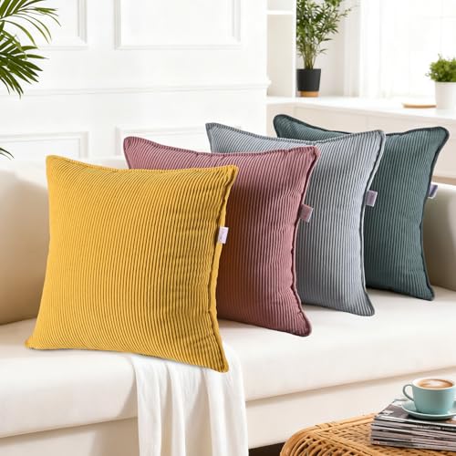 Cosixury Throw Pillow Covers Corduroy Pillowcase Set of 4, No Inserts| Thick Fall Autumn Winter Decorative Soft Couch Shams Square Pillow Cases for Sofa Bed Living Room(Mix colorA, 18"x18")