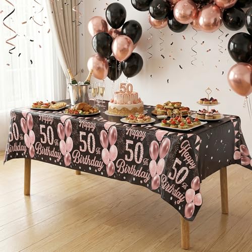 Image of Labeol 3 Pack 50th Birthday Decorations for Women - Happy 50th Birthday Tablecloth, Black and Rose Gold 50th Birthday Table Cover, 54 x 108 Inch Rectangular Disposable Party Supplies