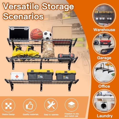 Wareyeasy JCDS002 3 Tier 1.3X4Ft Garage Shelving Wall Mounted,Loads 900 Lbs Heavy Duty Garage Wall Shelving,15.6-Inch-By-48-Inch Metal Wall Shelf,Sturdy Shelf thumb #2