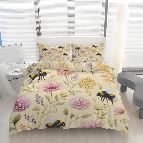 Housse de couette 240x260 abeille parure de lit fleur sauvage 3 pcs