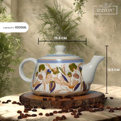 Image of 'Golden Flora' Premium Ceramic Tea Cup Set with Kettle & 6 Cups | Floral Printed Ceramic Cup with Teapot | Handcrafted, Microwave & Dishwasher Safe | Tea Serving Set for Home, Office & Gifting