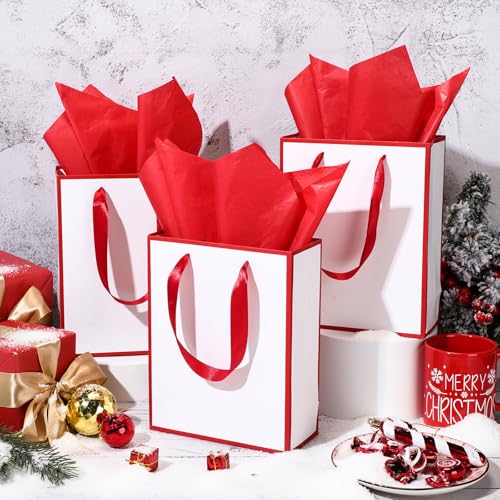 Image of Yeaqee 24 Pack Metallic Paper Gift Bag with Tissue, White, Dark Red | with Satin Ribbon Handle and Tissue, 9x7x3.1 Inch, Suit Business, Birthday, Christmas, Thank You Return Gifts Bags