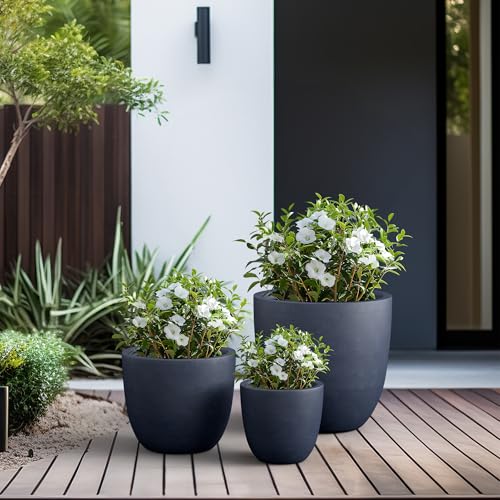 Image of Kante Set of 3 Charcoal Concrete Bowl Planters 18 inch 14 inch 10 inch Dia