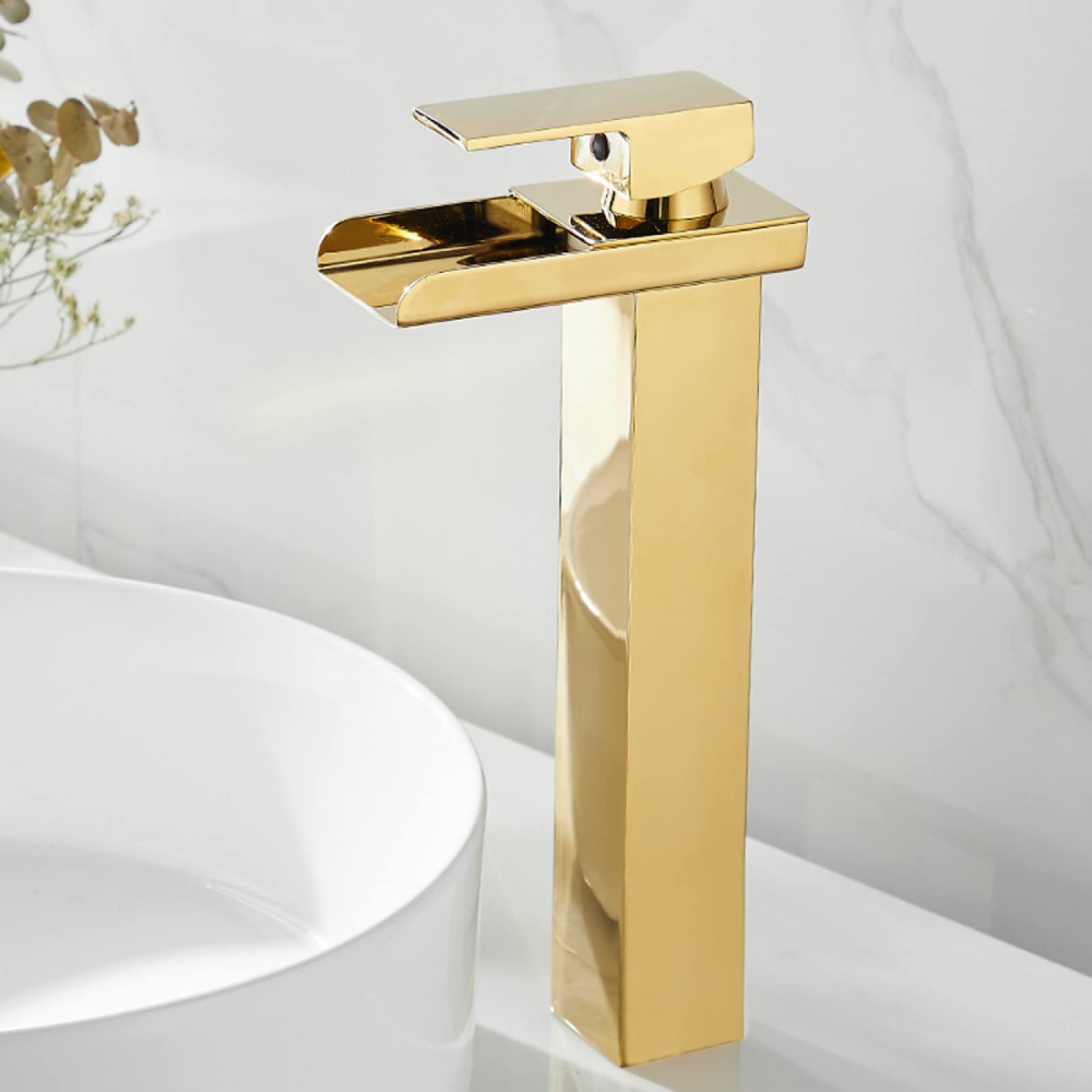 ZQFHSX Basin Faucet Waterfall Gold, Bathroom Sink Stainless Steel, Spout Single Handle Mixer Tap for Hot and Cold Water, High(High) LWX