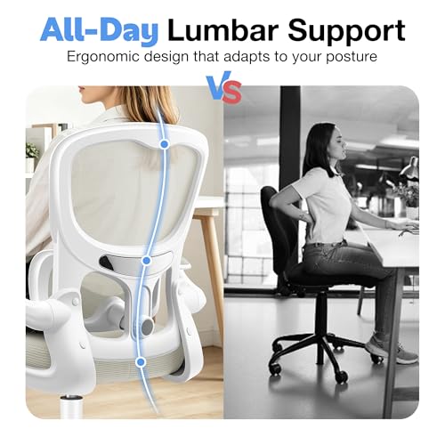 Image of ALLGOD Ergonomic Office Chair, Breathable Mesh Ergonomic Desk Chair with Adjustable Lumbar Support, Flip-up Armrests, Computer Chairs Comfortable for Home, Office, Work, 300lbs, White, Upgrade