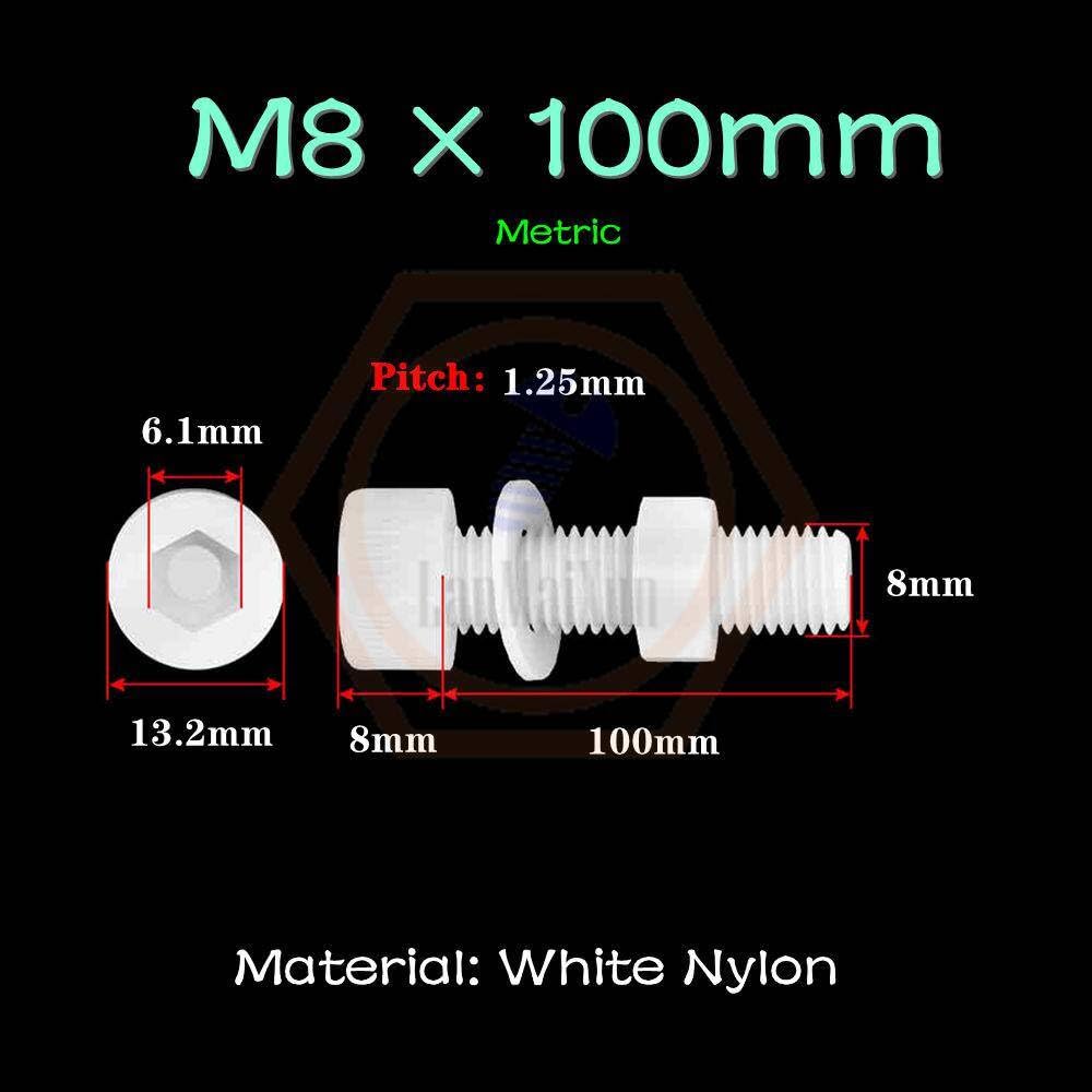 10juegos M8×100mm Tornillos de la tapa de la cabeza del enchufe de plástico de nylon blanco traje de tres piezas (incluyendo tuerca hexagonal, arandela plana)