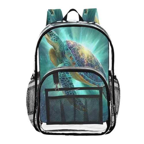 Glowing Turtle Blue Clear Backpack Heavy Duty See Through Transparent PVC BookBag for Kids Boy Girl School Work