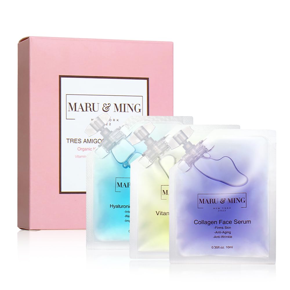 Maru & MingTres Amigos Collection/Organic Hyaluronic Acid, Vitamin C, Collagen Face Serums. Travel-size and TSA friendly 1 oz. Total Weight 3-Pack