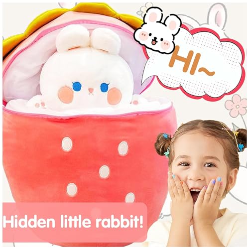 Image of Kidology Plush Toy Pillow, Reversible Bunny, Cute Rabbit Sofa Pillow, Easter Bunny Stuffed Animal Cute Rabbit Plushie Birthday Gift for Boys Girls and Kids (Medium, Strawberry Bunny - Zipper)