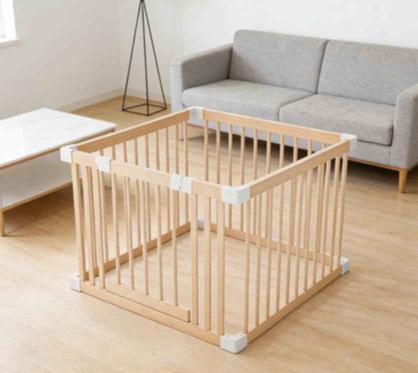 Baby Playpen, Wooden Playpen for Babies and Toddlers,Large Adjustable Wooden Baby Playard with Locking Gate, Easy to Assemble, Portable Play Pen (29.40x24.05Inch)