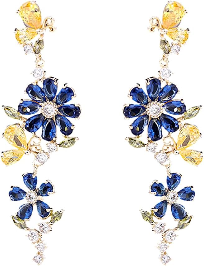 14K Gold Butterfly Flower Chandelier Earrings with Colorful Moissanite Tassels - Long Dangle Earrings for Women, Ideal for Daily Wear and as Birthday Gifts