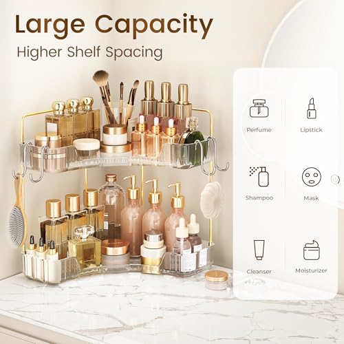 Image of Corner Bathroom Counter Organizer 2 Tier Bathroom Organizers and Storage Countertop with Hooks Skin Care Exquisite Vanity Organizer Countertop Bathroom Storage Dresser, Kitchen-Clear
