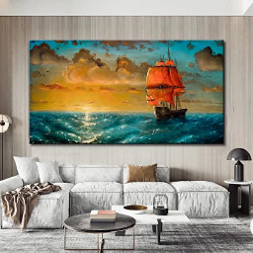 Affiche paysage marin abstrait impression grand format 60x120cm sur toile de lin salon