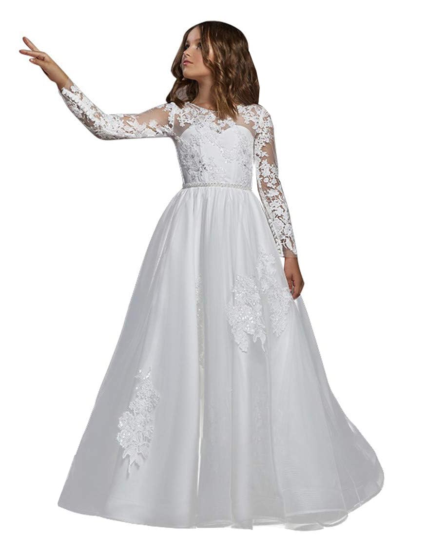 LECOYOYO Pizzo Ricamo Fiore Ragazza Abiti Tulle Manica Lunga Primo Comunione Abiti