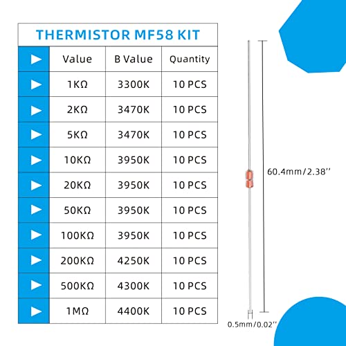 Kokiso Ntc Thermistors Resistors Mf58 3950B 10 Values 100 Pcs Glass Sealed Temperature Sensors Assorted Kit Assortment(1Kω, 2Kω, 5Kω, 10Kω, 20Kω, 50Kω, 100Kω, 200Kω, 500Kω, 1Mω) #TOP2
