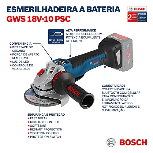 Bosch Professional GWS 18V-10 PSC Moedor angular, módulo de conexão, homem morto, sem bateria, em L-