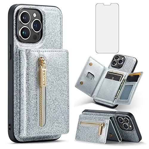 Coque iPhone 14 Pro pailletée pour femmes avec vitre de protection et porte-carte