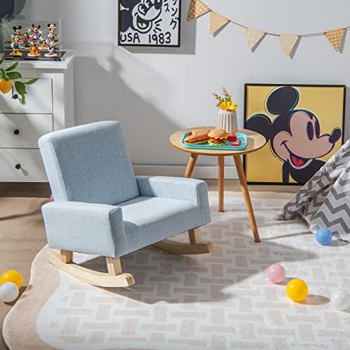 COSTWAY Kids Rocking Chair, Toddler Upholstered Armchair with Anti-tipping Design, Wooden Linen Fabric Children Sofa Rocker for Bedroom, Playroom and Living Room (Blue)