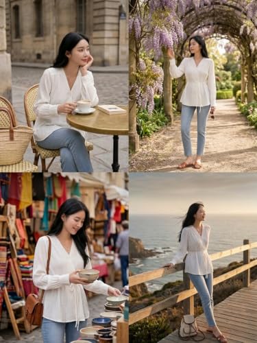 Image of Leriya Fashion Women's V-Neck Pleated Tunic Top - Long Sleeve Drawstring Waist Summer Blouse, Lightweight Casual Shirt for Office, Travel, Daily