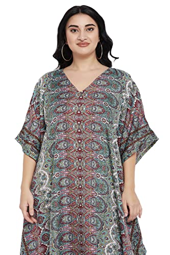 Image of Women Long Maxi Plus Size Polyester Kaftan Gown, Womens Kaftan Dresses | Lounge Resort Wear, Batwing Sleeve Side Slit, Beach Cover Up, House Dress, Lightweight V Neck Loose Fit Boho Dress