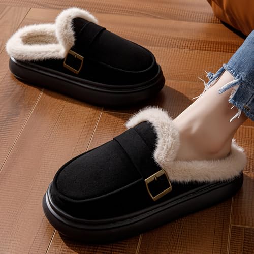 Women's Fuzzy Platform Slippers with Adjustable Buckle, Non-Slip Sole Cozy Comfy Warm Faux Fleece Lined Winter Shoes Indoor Outdoor Slip On Memory Foam Fuzzy House Slippers Plush Slides4