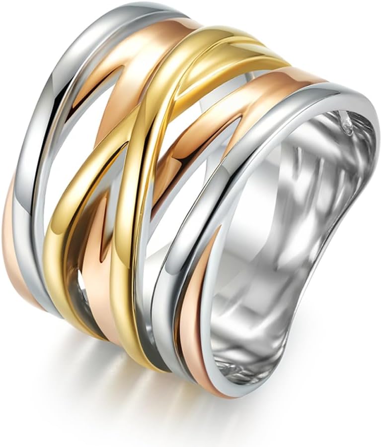 Stainless Steel Crossover Statement Ring Fashion Chunky Band Intertwined Wide Index Finger Rings for Women Costume Jewelry