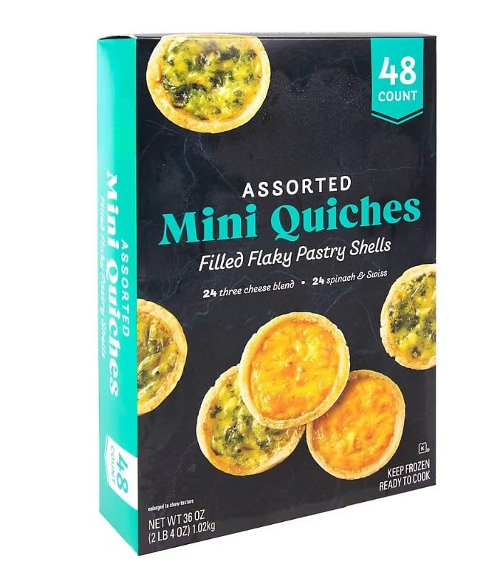 Assorted Mini Quiches , Indulge in the delectable flavors of Assorted Mini Quiches, featuring two mouthwatering varieties: Spinach & Swiss and Three Cheese. Each bite-sized quiche is a perfect blend of savory ingredients encased in a buttery, flaky pastry crust. offering a delightful harmony of flavors with every bite. 48 ct .. [ 36 oz , 2.25 lb ]
