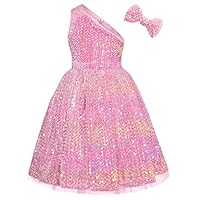 GRACE KARIN Girls Sequin Dress One Shoulder Wedding Party Gown with Hair Bow Pastel 10-12Y