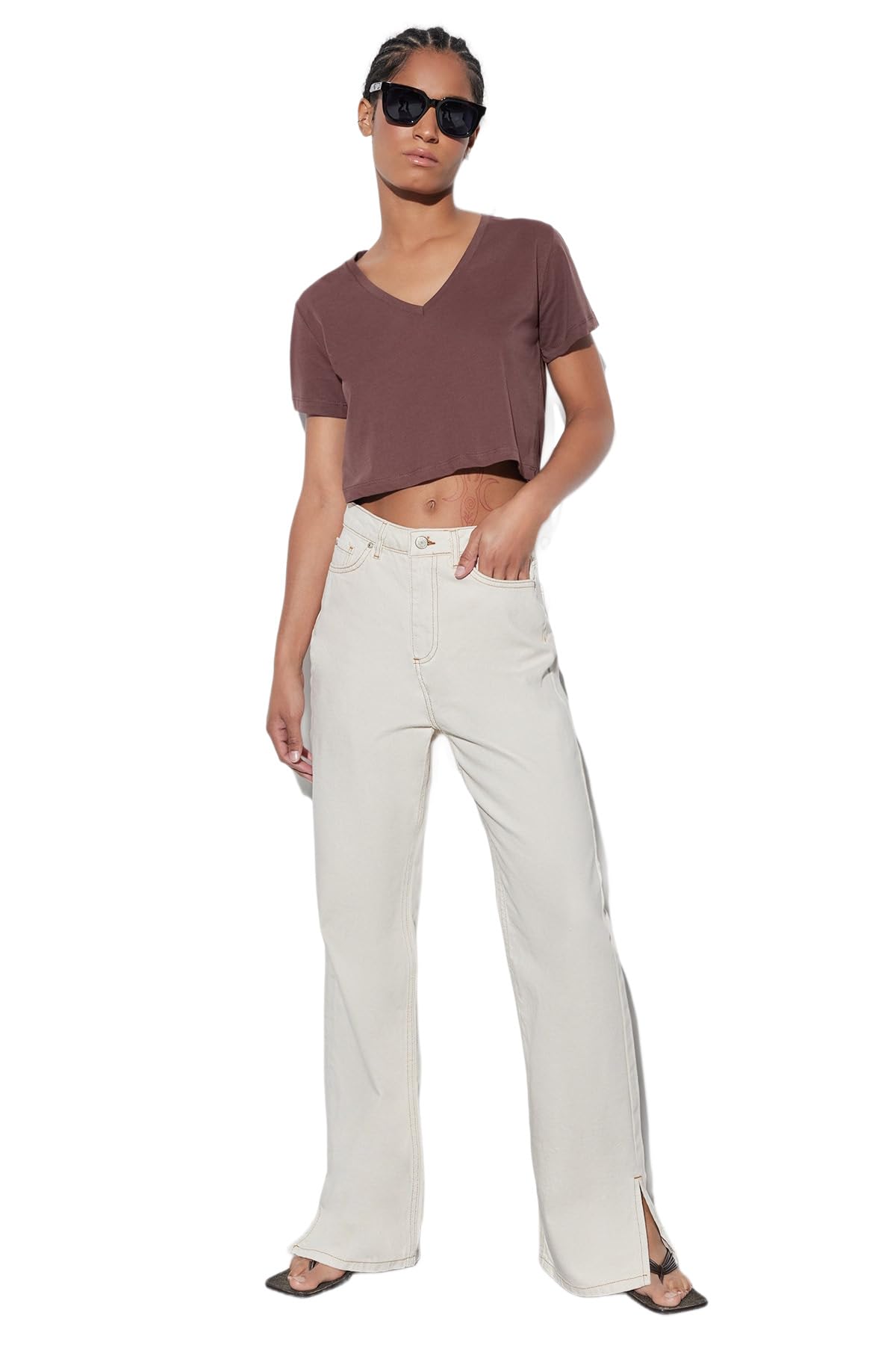 Trendyol Ecru Slit High Waist Wide Leg Jeans Pants