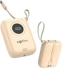 CALLMATE Palmfuel 10000mAh 23W Fast Charging Power Bank with Built in Cables (20W Type C QC 3.0 & 20W Light-ning) | Type C PD (Input & Output) | for iPhone, Android & More (Beige, Lithium Ion)