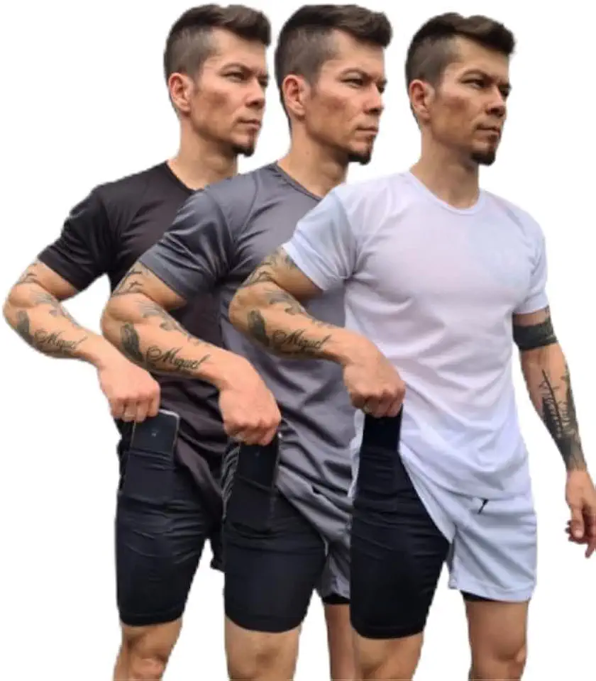 Kit 3 Conjuntos Academia Masculino, Camiseta Dry Fit + Short 2 em 1, Poliéster