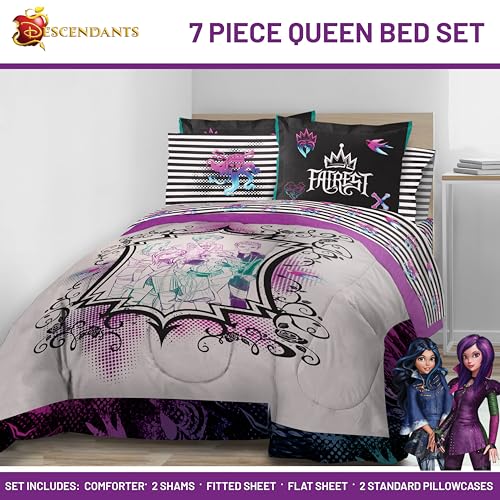 Image of Disney Descendants Queen Comforter Set 7 Piece Kids Soft Bedding, Multi | Bed in a Bag, Comforter Sheets Shams Pillowcases, Official Product, Soft Microfiber, Machine Washable, Girls Gift