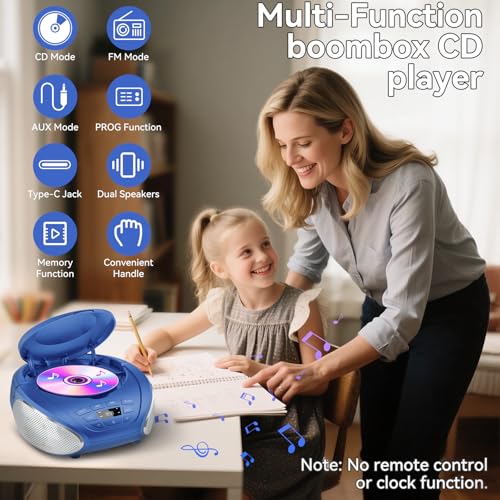 Gueray CD Player Tragbar Boombox Radio mit CD-Player CD Spieler mit Lautsprecher Display Unterstützung UKW-Radio Memory-Funktion PROG-Wiedergabe AUX-Wiedergabe Blau