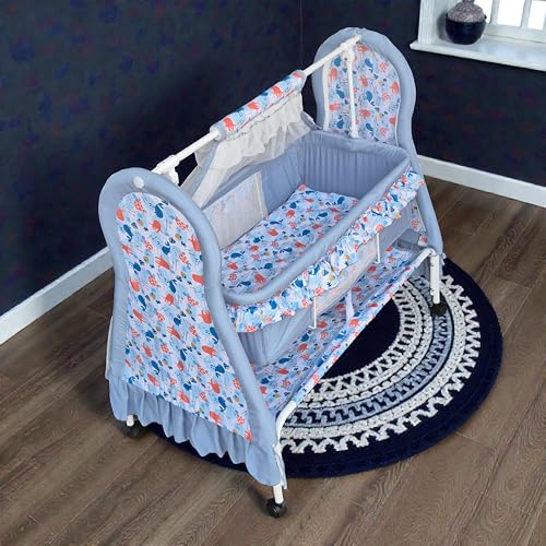 Image of Kiddery Apollo Baby Cradle (Grey) | Newborn to 12 Months | Premium Swing Cradle with Mosquito Net, Wheels & Lock | Strong Metal Frame | Comfortable Sleeping Jhula