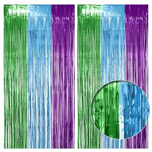 2 Pack Green & Light Blue & Purple Fringe Backdrop 3.2x8.2ft Shining Foil Tinsel Curtains Birthday Party Decorations Door Streamers for Halloween Christmas Wedding Graduation Holiday Events