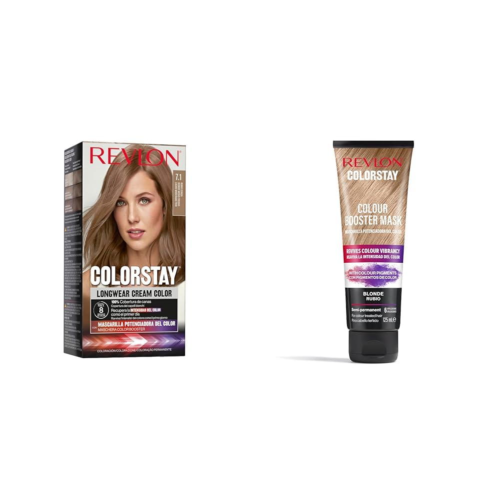 REVLON Colorstay Tinte Pelo Mujer, Coloración Permanente de Larga Duración, Tono 7.1 Rubio Ceniza + Mascarilla Potenciadora del Color, 125ml Tono Rubio