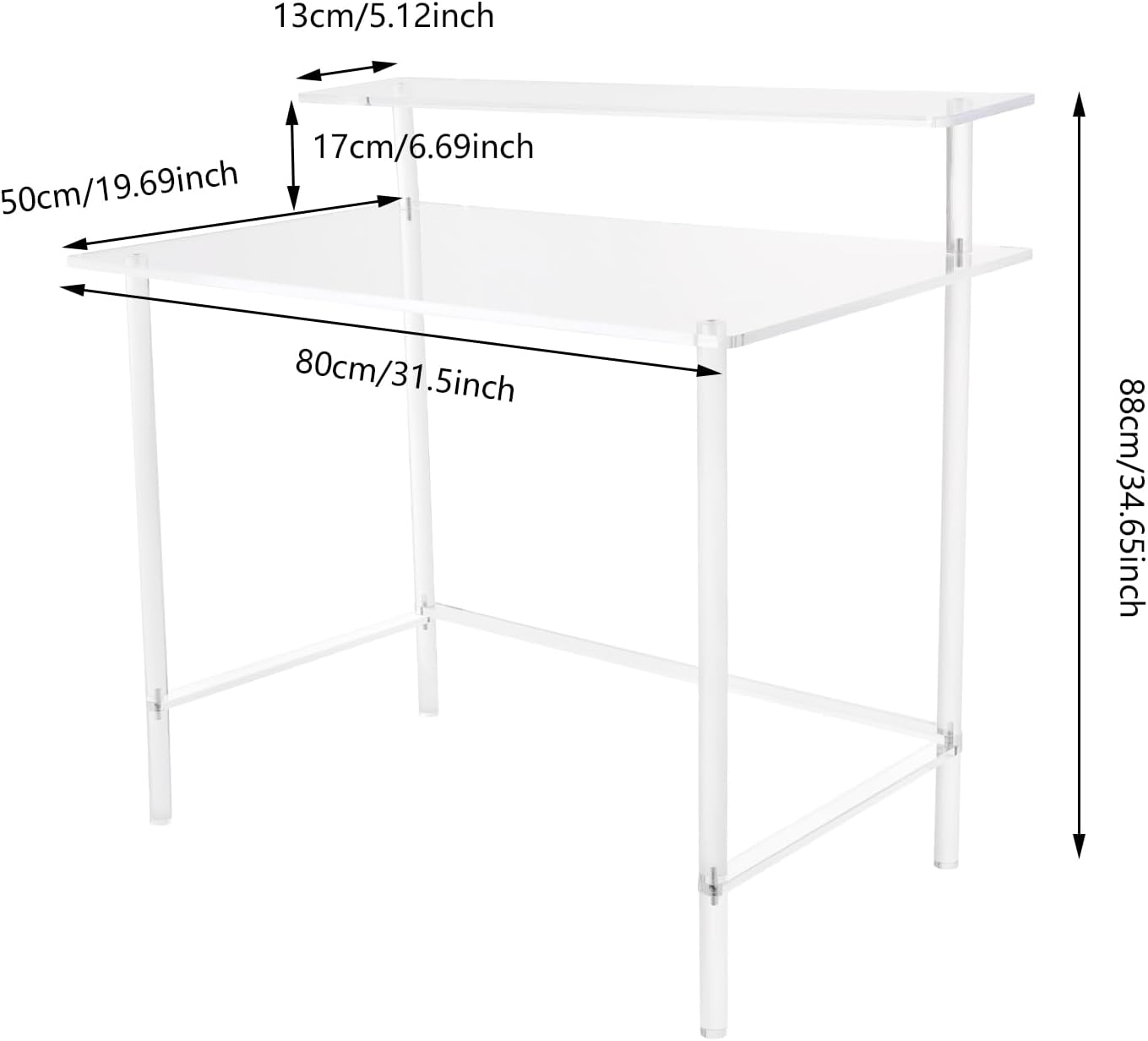 2-Tier Clear Acrylic Desk - 88LBS Load-Bearing Modern Home Office Desk with Rounded Corners Design - 31.5"x19.69" Freestanding Clear Desk for Home, Office & Studio