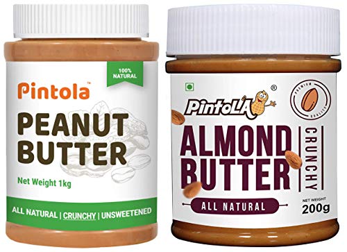Image of Pintola All Natural Peanut Butter (Crunchy) (1 kg) (Unsweetened, Non-GMO, Gluten Free, Vegan) + Pintola All Natural Almond Butter (Crunchy) (200g)