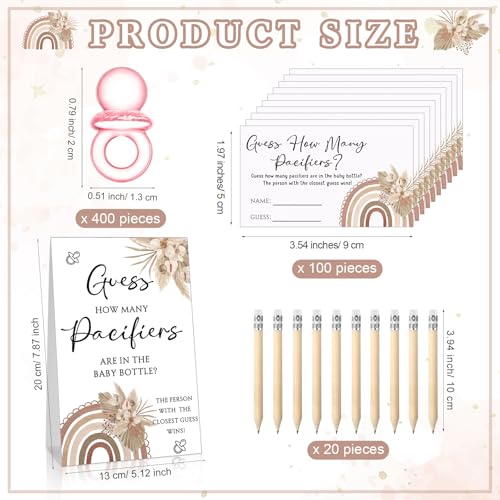 Image of Roowest 512 Pcs Baby Shower Games Guess How Many Pacifiers Sign 100 Small Guessing Games 10 HB Pencils 750ml Milk Bottle 400 Acrylic Pacifiers Decoration for Guest Gender Reveal(Pink,Sunshine)