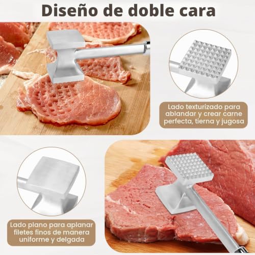 Miniatura 3 de Zorplex Martillo Carne, Ablandador De Carne De Doble Cara, Mazo De Carne Acero Inoxidable Con Mango Antideslizante, Herramienta De Cocinapara Ablandar Filetes, Res, Bistec, Pollo, Pescado, Cerdo