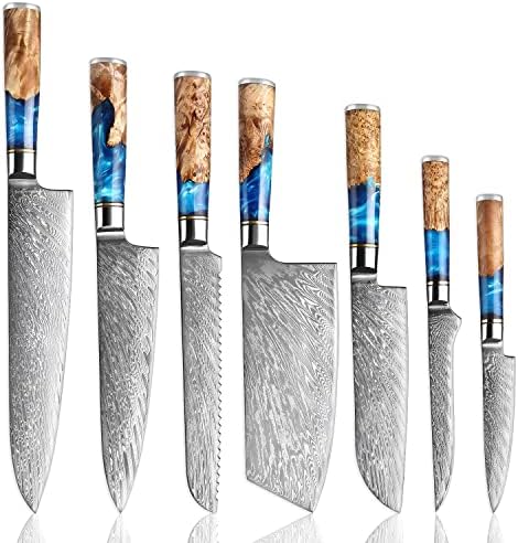SENKEN 7-Piece Damascus Kitchen Knife Set - Tsunami Collection - 67-Layer Japanese VG10 Steel - Chef