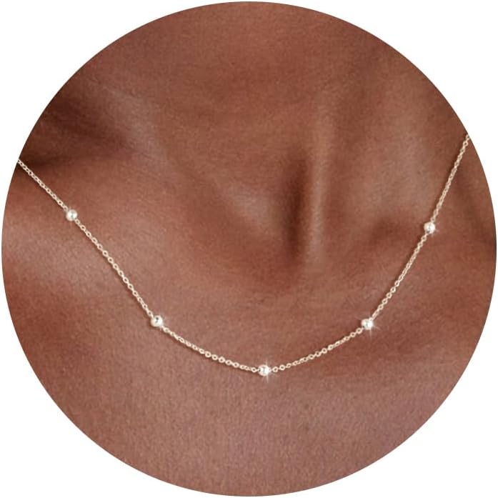 925 Sterling Silver Chain Necklace 16K Gold Plated Beaded Chain Necklace for Women Simple Dainty Choker Necklace Satellite Waterproof Link Necklace Trendy Jewelry Gifts
