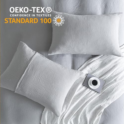 SE SOFTEXLY Muslin Duvet Cover King Size, 100% Washed Cotton Duvet Cover Set, Ultra Soft Comforter Cover Linen Like, 3 Pieces Minimalist Gauze Duvet Cover with 2 Pillowcases, 90"x104", Light Grey