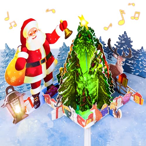 Karte Weihnachten Pop UP mit Musik und Licht 3D Weihnachtsmann Weihnachtskarte ausblasbare Kerze mit Umschlag für Kinder Mädchen Frauen Mann Weihnachten Geschenk