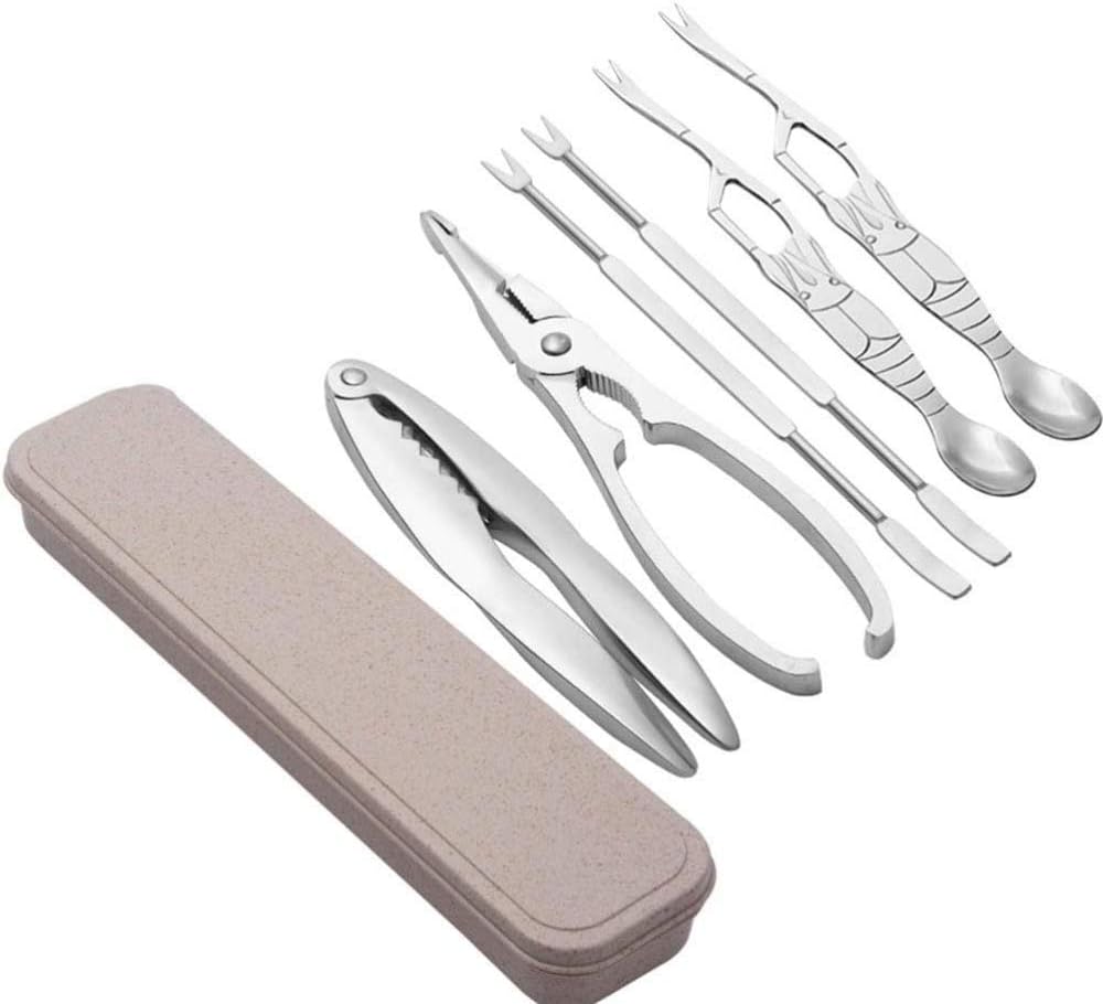 6pcs Stainless Steel Seafood Tool Set, Pimple Crusher Set with Storage Box, 2pcs Lobster and 4pcs Stainless Steel Forks, 6pcs
