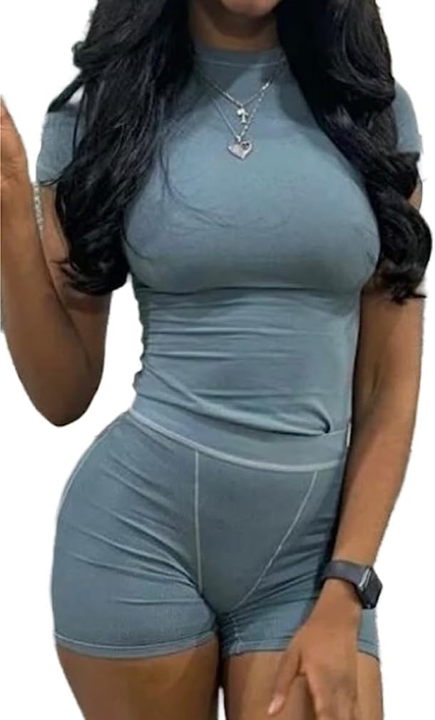 Lounge Wear Ribbed Casual 2 Piece Tracksuit Set Women Solid Skinny Short Sleeve O-Neck Top+Mid Waist Elastic Leggings - Image 2